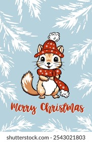 Christmas greeting card cute chipmunk dressed in a red hat and scarf kids card Merry Christmas