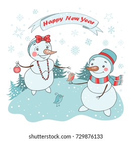 Christmas Greeting Card with cute couple snowman, birds and snowflakes on white background. The phrase on a ribbon - Happy New year. Lovely illustration in cartoon style.