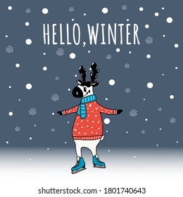 Christmas greeting card with a cute deer character in a red sweater. Hello winter message vector illustration and background with snowflakes and dark blue sky.