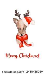 Christmas greeting card cute deer in red santa hat. Hand made not AI