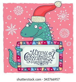Christmas greeting card with cute dinosaur