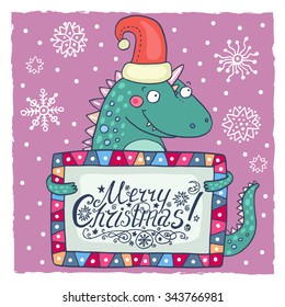 Christmas greeting card with cute dinosaur
