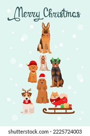 Christmas greeting card with cute dogs. Vector illustration.
