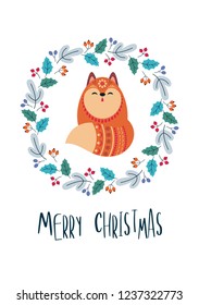 Christmas greeting card with cute fox. Vector background.