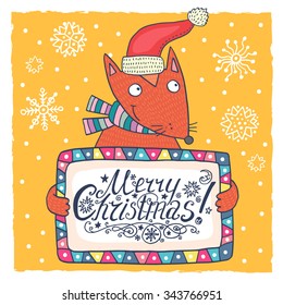 Christmas greeting card with cute fox