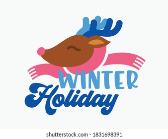 Christmas Greeting Card with Cute Funny Deer in Knitted Warm Scarf and Typography Winter Holiday Isolated on White Background. Congratulation with Reindeer, Xmas Wishes. Cartoon Vector Illustration