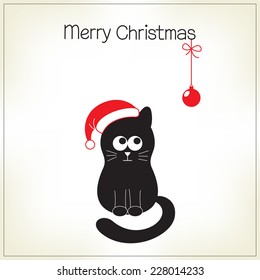 Christmas greeting card with cute and funny black cat