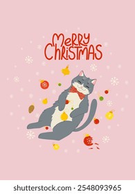 Christmas greeting card. Cute funny cat character playing with Christmas ornaments. Handwritten lettering. Vector illustration design template for Merry Christmas and Happy New Year celebrations