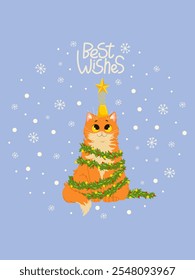 Christmas greeting card. Cute funny cat character playing with Christmas ornaments. Handwritten lettering. Vector illustration design template for Merry Christmas and Happy New Year celebrations