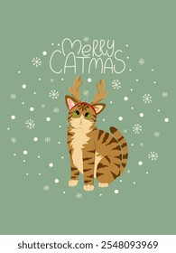 Christmas greeting card. Cute funny cat character in a Christmas reindeer costume. Handwritten lettering. Vector illustration design template for Merry Christmas and Happy New Year celebrations