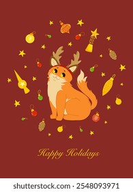 Christmas greeting card. Cute funny cat character in a Christmas reindeer antlers costume. Vector illustration design template for Merry Christmas and Happy New Year celebrations. Happy holidays