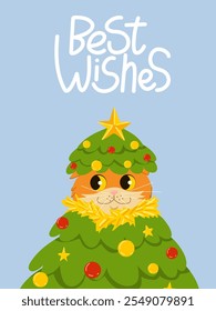 Christmas greeting card. Cute funny cat character wearing Christmas tree costume. Hand written lettering Best Wishes. Vector illustration design template for Merry Christmas and Happy New Year