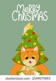 Christmas greeting card. Cute funny cat character with Christmas cookies. Hand written Marry Christmas lettering. Vector illustration design template for Happy New Year celebrations