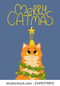 Christmas greeting card. Cute funny cat character playing with Christmas ornaments. Hand written lettering. Vector illustration design template for Merry Christmas and Happy New Year