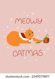 Christmas greeting card. Cute funny cat character playing with Christmas present. Hand written lettering. Vector illustration design template for Merry Christmas and Happy New Year celebrations