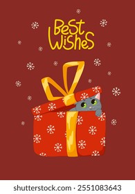 Christmas greeting card. Cute funny cat character playing with Christmas present. Merry Christmas Best Wishes handwritten lettering. Vector illustration design template for Happy New Year celebrations