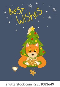 Christmas greeting card. Cute funny cat character wearing Christmas tree hat and eating Christmas cookies. Best Wishes handwritten lettering. Vector illustration for Happy New Year celebration