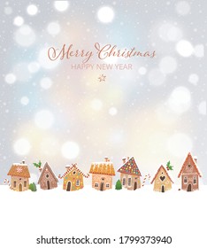 Christmas greeting card with cute gingerbread houses.