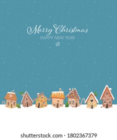 Christmas greeting card with cute gingerbread houses.