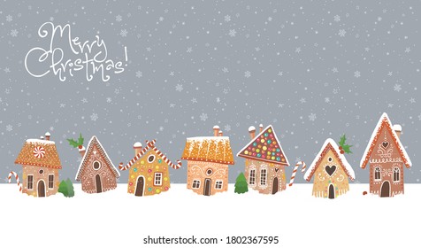 Christmas greeting card with cute gingerbread houses.
