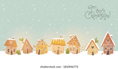 Christmas greeting card with cute gingerbread houses and snowflakes on background