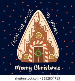 Christmas greeting card with cute gingerbread house on the dark blue background with polka dot vector illustration. Hand drawn winter holiday cozy postcard, background. Merry Christmas night