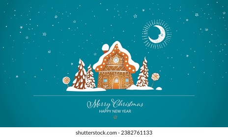 Christmas greeting card with cute gingerbread house and snow-covered fir trees