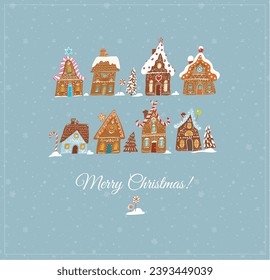 Christmas greeting card with cute gingerbread houses on blue background with snowflakes. Christmas village and snowfall. Vector illustration.