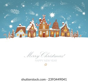 Christmas greeting card with cute gingerbread houses on blue background with shooting stars. Vector illustration with christmas village under the starry sky