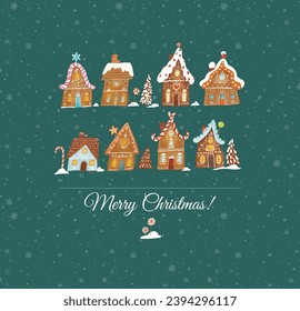 Christmas greeting card with cute gingerbread houses on green background with snowflakes. Christmas village and snowfall. Vector illustration.