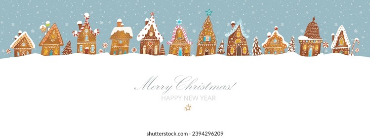 Christmas greeting card with cute gingerbread houses on mint color background with snowflakes. Vector illustration with christmas village and snowfall.