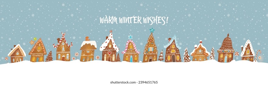 Christmas greeting card with cute gingerbread houses on blue background with snowflakes. Christmas village drowning in snow. Vector illustration.