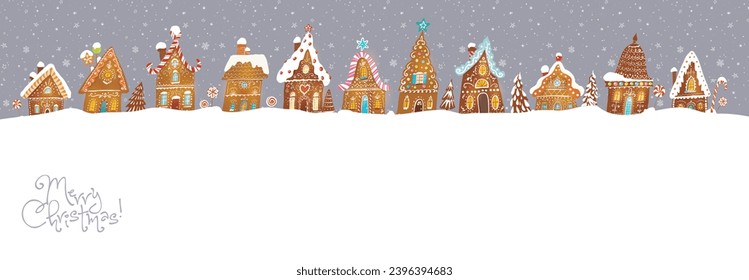 Christmas greeting card with cute gingerbread houses on grey background with snowflakes. Vector illustration with christmas village and snowfall