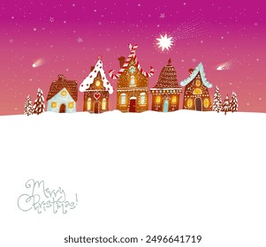Christmas greeting card with cute gingerbread houses on pink background with shooting stars. Vector illustration with christmas village under the starry sky