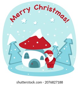 Christmas greeting card cute gnome near his house on a blue background. Vector flat illustration of a Christmas gnome in a snowy forest. EPS 10.