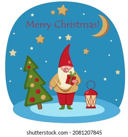 Christmas greeting card cute gnome on a blue background at the Christmas tree. Vector flat illustration of Merry Christmas. EPS 10.