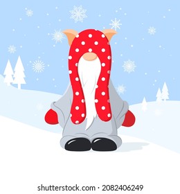 Christmas greeting card with a cute gnome on winter background with snowflakes. Vector