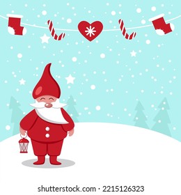 Christmas greeting card cute gnome on a blue background. Copy space. Vector flat illustration of Christmas gnome in the snow. EPS 10.
