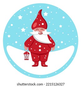 Christmas greeting card cute gnome on a blue background. Vector flat illustration of a Christmas gnome in the snow. 