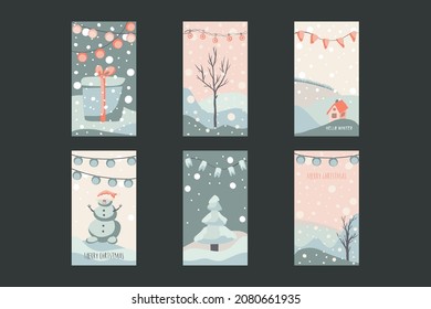 christmas greeting card cute hand drawn style and trendy matching pastel colors. christmas tree and snowman with gift box on snowdrift with garland and snow flakes