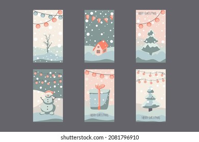 christmas greeting card cute hand drawn style and trendy matching pastel colors. christmas tree and snowman with gift box on snowdrift with garland and snow flakes