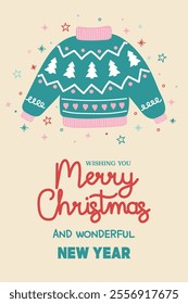 Christmas greeting card with cute hand drawn winter sweater. Vector illustration