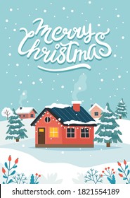 Christmas greeting card with cute house and lettering