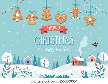 Christmas greeting card with cute landscape and hanging gingerbread cookies. Cute vector illustration in flat style