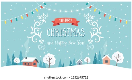Christmas greeting card with cute landscape, text and hanging decorations. Cute vector illustration in flat style