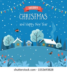 Christmas greeting card with cute landscape at night. Cute vector illustration in flat style