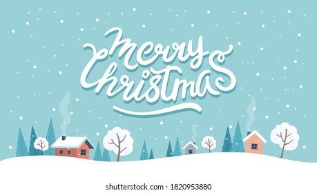 Christmas greeting card with cute landscape and lettering