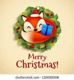 Christmas Greeting Card with Cute Little Fox Curled up in the Wreath. Christmas Greeting Card with Cute Little Fox Curled up in the Wreath.
