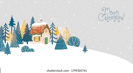 Christmas greeting card with cute little house and trees on snow hill background.