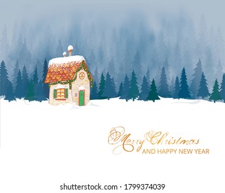 Christmas greeting card with cute little house and trees on snow background.